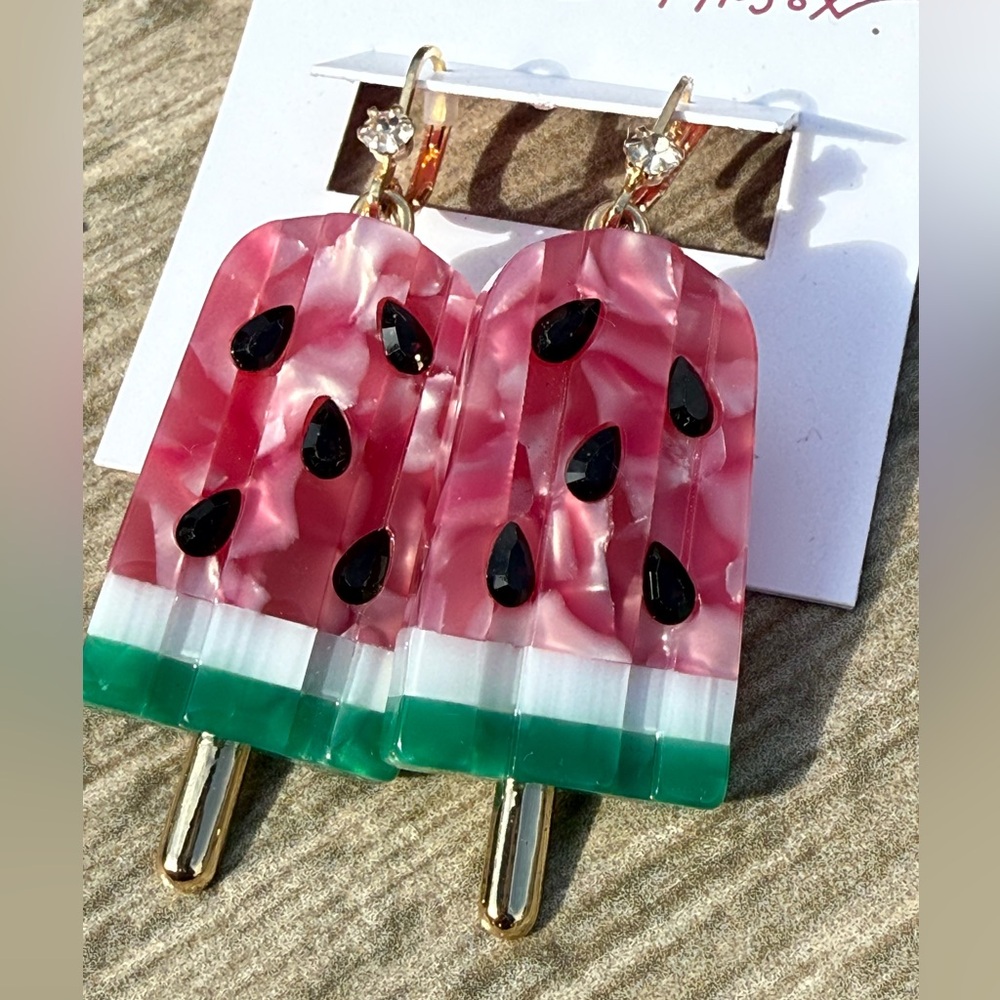 NWT! Betsy Johnson Watermelon Stick Gold Heart Earrings - Picture 6 of 6